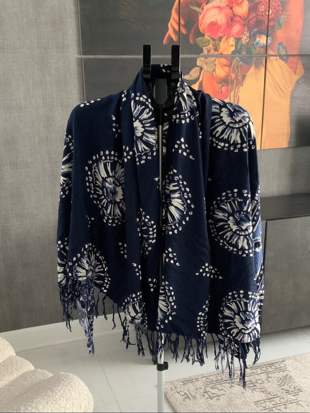Beach Club Navy Blue Floral Fringe Scarf/Wrap